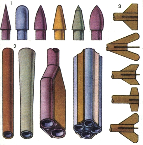 Головные обтекатели (1), корпуса (2) и стабилизаторы (3) моделей ракет разной формы.