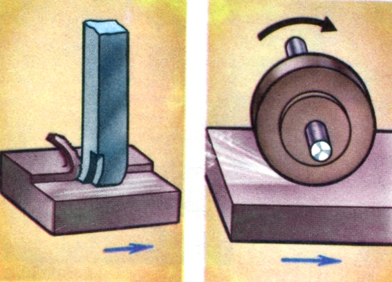 Внизу: схема строгания (слева); схема шлифования.