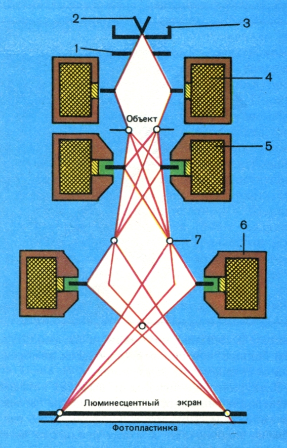 Принципиальная схема электронного микроскопа: 1 - анод; 2 - катод; 3 - фокусирующий электрод; 4 - конденсорная линза; 5 - объективная линза; 6 - проекционная линза; 7 - промежуточное изображение.