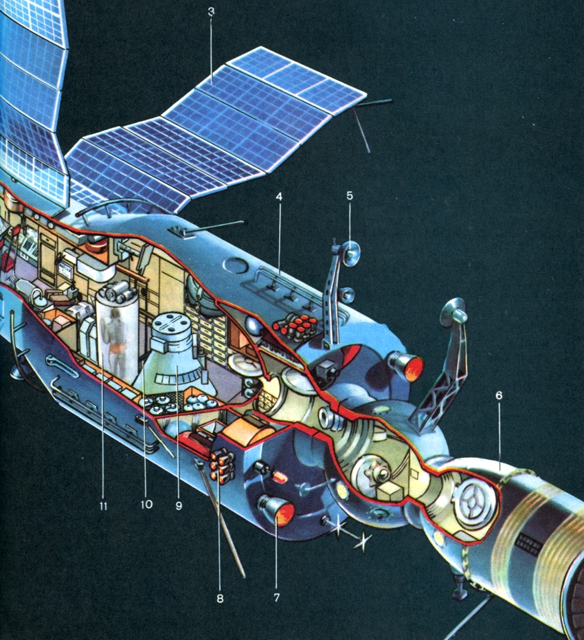 Орбитальная станция "Салют-6" состыкована с транспортными кораблями "Союз": 6 - транспортный корабль <Союз>; 7 - корректирующий двигатель; 8 - двигатели ориентации; 9 - отсек научной аппаратуры; 10 - бегущая дорожка; 11 - душевая установка; 12 - центральный пост управления.