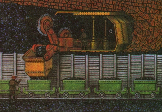 Схема угольной шахты: 1 - железнодорожные пути; 2 - подвесная дорога; 3 - бункер для погрузки угля в вагоны; 4 - подъемное сооружение (копер) главного ствола; 5 - откаточные горные выработки; 6 - главный ствол; 7 - конвейерный штрек; 8 - забой; 9 - пласт угля.