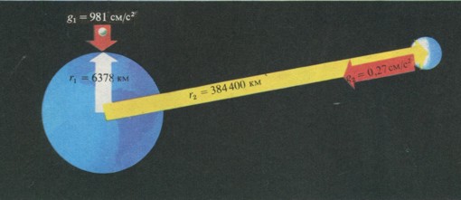 Рис. 3. Ускорения свободного падения на поверхности Земли и на расстоянии, равном расстоянию от Земли до Луны.