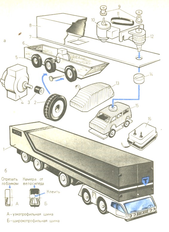 Рис. 19. Модель трейлера повышенной грузоподъемности: а - технология изготовления модели; б - технология изготовления колес (1 -готовая модель; 2 - колесо от игрушки; 3 - фрикционная муфта; 4 - микроэлектродвигатель; 5-основание ходового блока; 6 - ходовой блок; 7 - основание грузового контейнера; 8 - корпус грузового контейнера; 9 - шкивы; 10 - микроэлектродвигатель рулевого привода; 11-пассик; 12 - редуктор Р-1; 13 - изготовление корпуса тягача из папье-маше; 14 - переходник; 15- тягач; 16 - блок управления и питания).