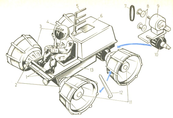 Рис. 24. Более сложная модель планетохода: а - общий вид; б - устройство (1 - колесо-барабан; 2 - диск крепления; 3 - корпус; 4 - редуктор Р-1; 5 - соединительная муфта; 6 - микроэлектродвигатель; 7 - задняя ось-спица); в - внешний вид колеса-барабана.