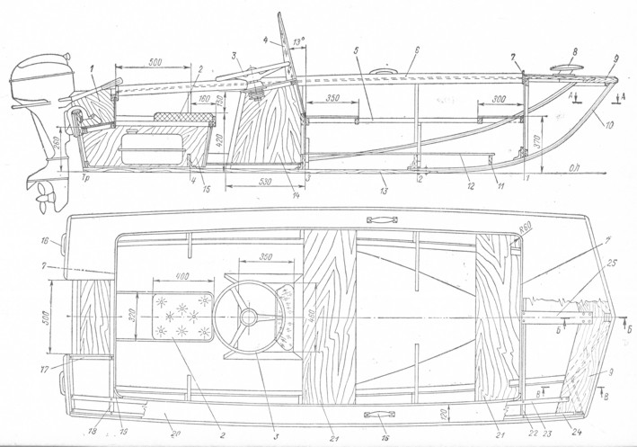 Рис. 217. Конструктивные чертежи лодки: продольный разрез, план и сечения по шпангоутам. 1 - подыоторная ниша (фанера, в = 4); 2 - сиденье водителя; 3 - штурвал; 4 - ветровое стекло; 5 - подлегарс 18X30; 6 - продольный комингс кокпита 8X50 (дуб или ясень); 7 - поперечные комингсы кокпита 8Х Х50; 8 - носовая утка; 9 - брештук 35X 200; 10 - форштевень (в ДП) среднего корпуса 40X 50 (склеен из пяти реек); И - опора пайола; 12 - пайол (фанера или решетка из реек 8X60); 13 - средний киль (в ДП) 22X60; 14 - рулевая колонка (фанера, 6 = Зт-4); 15 - продольные стенки коробки сиденья (фанера, б = 4); 16 - ручка для переноски; 17 - рейка обвязки 20X25; 18 - бимс 20X35; 19 - сухарь в закруглениях углов комингса (дуб или ясень); 20 - палуба (фанера, б = 4); 21 - сиденье (фанера, б = 4); 22 - бимс 20X35; 23 - карленгс 20X30; 24 - привальный брус 20X 30; 25 - карленгс в ДП 15X60; 26 щиток для крепления штурвала (фанера, б = 5); 27 - поперечная опора банки 18X25; 28 - буртик 20X25 (дуб или ясень); 29 - топтимберс, 6 = 15; 30 - киль спонсона 20X40; 31 - флортимберс 18X45; 32 - днищевой стрингер 18X25; 33 - флор, 6 = 18; 34 -. рейка 18X25; 35 - стрингер тоннеля 18X40; 36 - угольник крепления киля к флору 32X32X3, I = 40; 37 - клиновая рейка; 38 к обделка сиденья водителя 8X50; 39 - поперечная опора банки 18X25; 40 - переборка (фанера, б = 3-5-4); 41 - рейка 18X25; 42 - бортовая обшивка (фанера, б = 4); 43 - форштевень спонсона 25X50 (склеить из пяти реек); 44 - флортимберс 18X45; 45 -обшивка днища (фанера, б = 5); 46 - брусок пайола 18X25; 47 - защитные полоски (стеклоткань на смоле или алюминий); 48 - подмоторная доска 28X 145; 49 -транец (бакелизированная фанера, б = 7); 50 - полубимс 18X45; 51 - отделочная планка 8X35 (дуб или ясень); 52 - планка 8X40 (дуб, ясень); 53 - рейка 20X30 для крепления обшивки к дет. 9\ 54 -фальшкиль (на штевне - водорез; дуб).