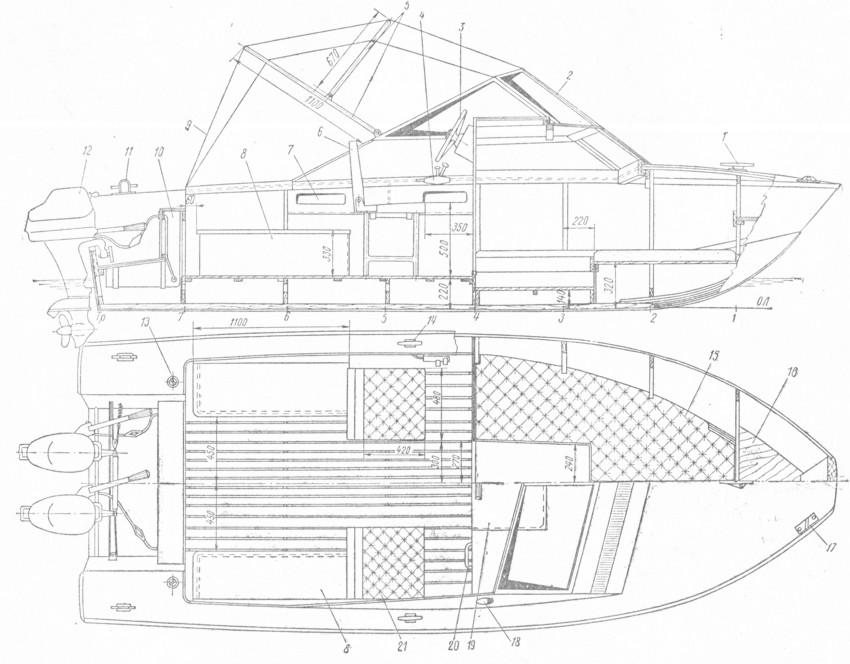 Рис. 233. Общее расположение катера "Суперкосатка" - варианта "дневного крейсера" с двумя подвесными моторами. 1 - носовая утка; 2 - ветровое стекло; 3 - штурвал; 4 - коробка дистанционного управления газом-реверсом; 5 - дуги складного тента (труба 22X2); 6 - складное полумягкое сиденье водителя; 7 - подпалубная ниша -. полка для мелких пред-йеШ1 5 - рундук-си-денье с открывающейся верхней крышкой; 9 - тент; 10 - топливный бак на 55 л; 11 - кормовой рым-утка; 12 - подвесной мотор; 13 - горловина топливного бака; 14 - утка; 15 - койка; 16 - полка; 17 - киповая планка; 18 - бортовой отличительный огонь; 19 - крышка люка; 20 - ручка; 21 -i складное полумягкое сиденье пассажира.