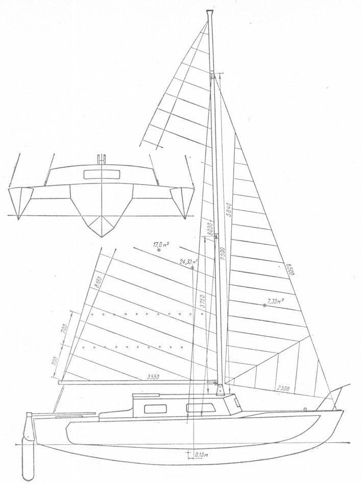 Рис. 283. Общий вид и парусное вооружение тримарана "Тритон"